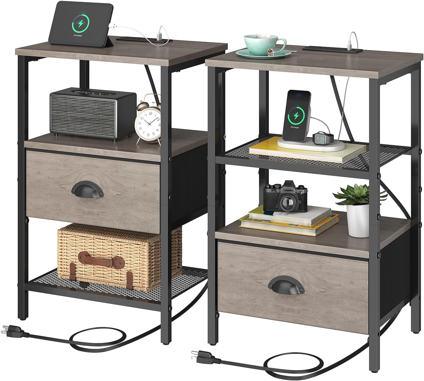 sthmec Nightstands Set of 2, Night Stands with Charging Station and Fabric Drawer, Grey Bedside Tables with Drawers, 2- Tier Side Table with Storage, Nightstands with Charging Station,Grey