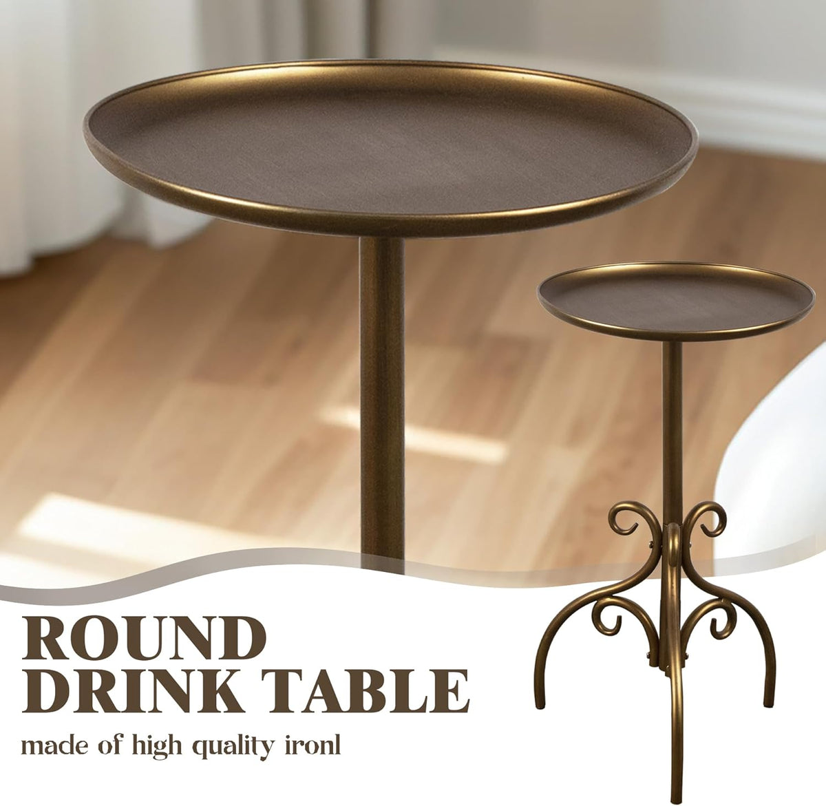 Round Side Table, Small Metal Drink Table for Small Spaces, Modern Martini Table for Living Room, Bedroom, Corners, and Office (Antique Brass)