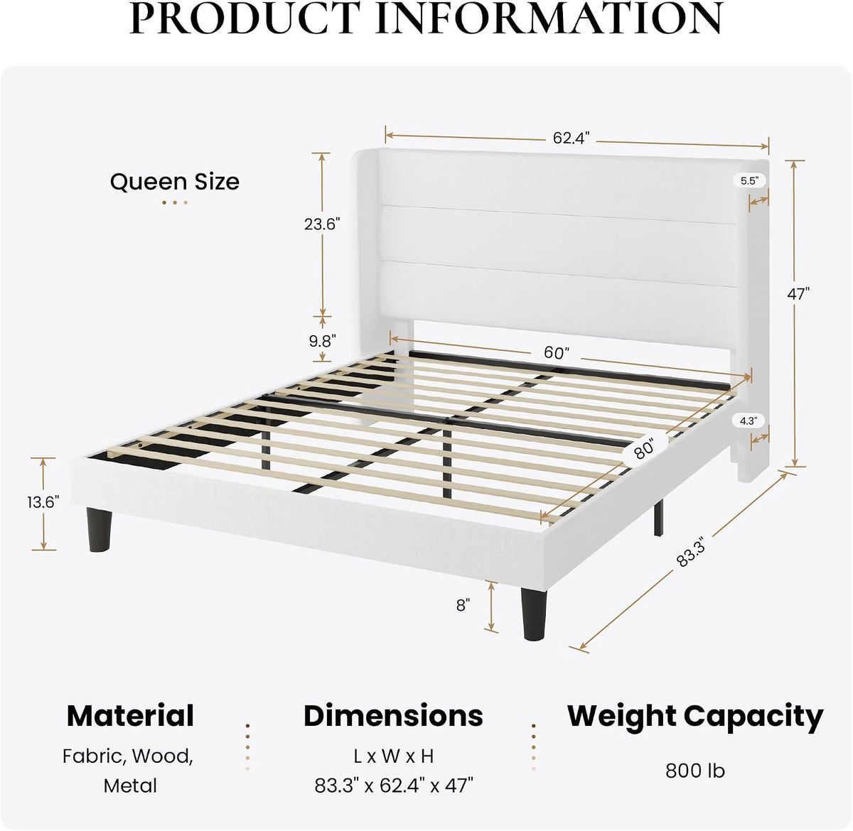 SHA CERLIN Queen Size Velvet Bed Frame with Wingback Headboard/Upholstered Platform Bed with Wooden Slats/Mattress Foundation/No Box Spring Needed/Easy Assembly/White