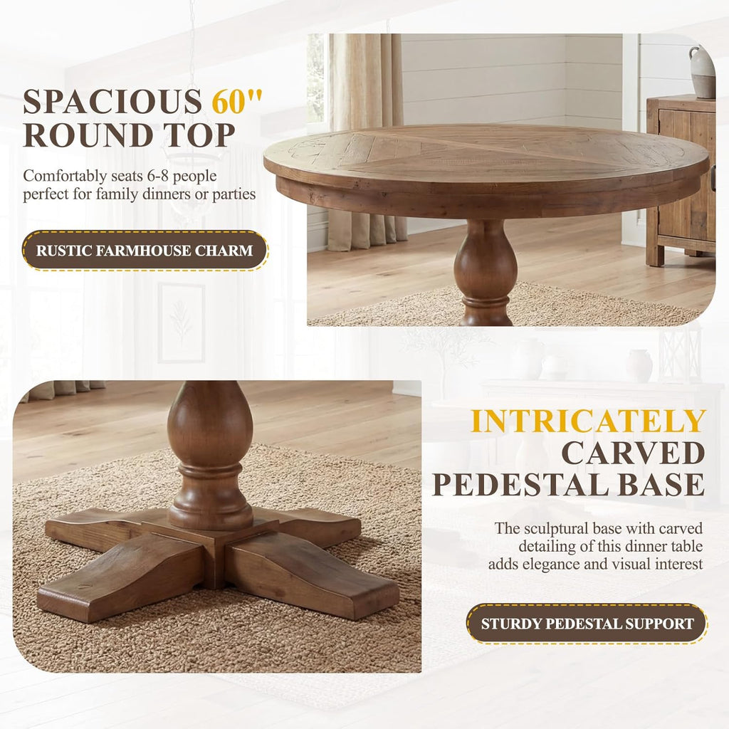 60" Round Dining Table, Reclaimed Wood Kitchen Table for 6-8, Farmhouse Circle Kitchen Table with Pedestal Curved Leg for Kitchen Dining Room Restaurant - Walnut