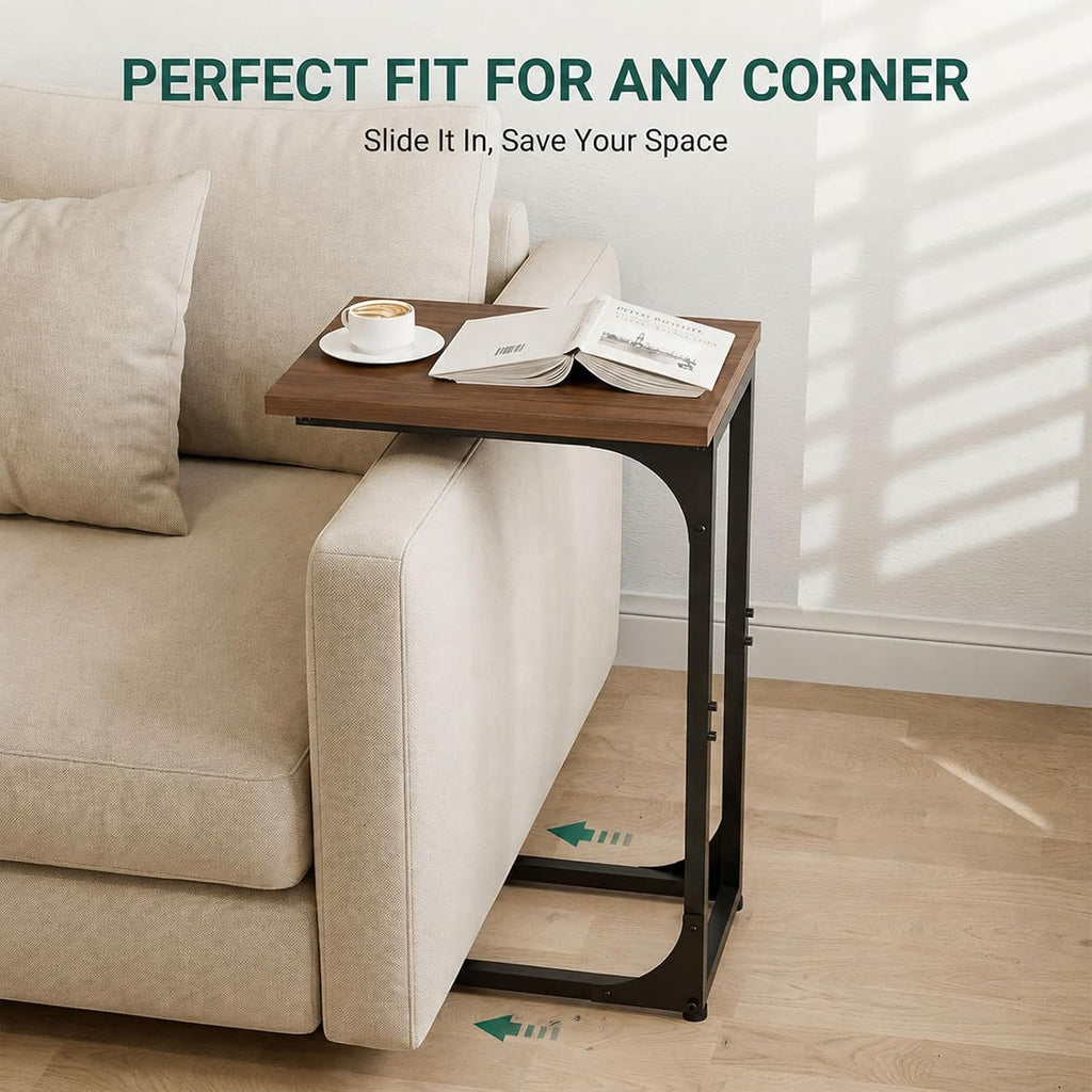 TEMI C Shaped End Table for Couch - Small Side Table and TV Tray for Eating or Laptop, Accent Desk for Chair or Sofa, Easy Assembly, Space-Saving Design for Living Room or Bedroom,Rustic Walnut