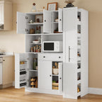 70 Inch Buffet with Hutch and Pull-Out Side Cabinet, White | White P2 MDF, kitchen or dining room, 7-tier side organizer, door shelves, adjustable shelves, open workstation, 52.8 in W