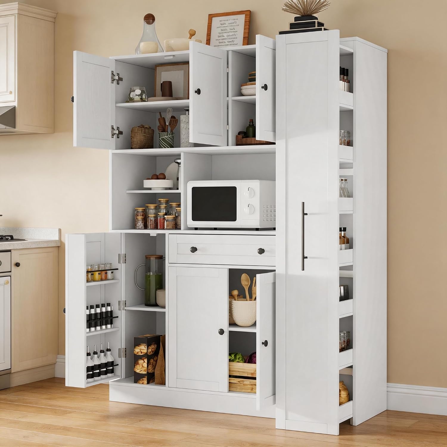70 Inch Buffet with Hutch and Pull-Out Side Cabinet, White | White P2 MDF, kitchen or dining room, 7-tier side organizer, door shelves, adjustable shelves, open workstation, 52.8 in W