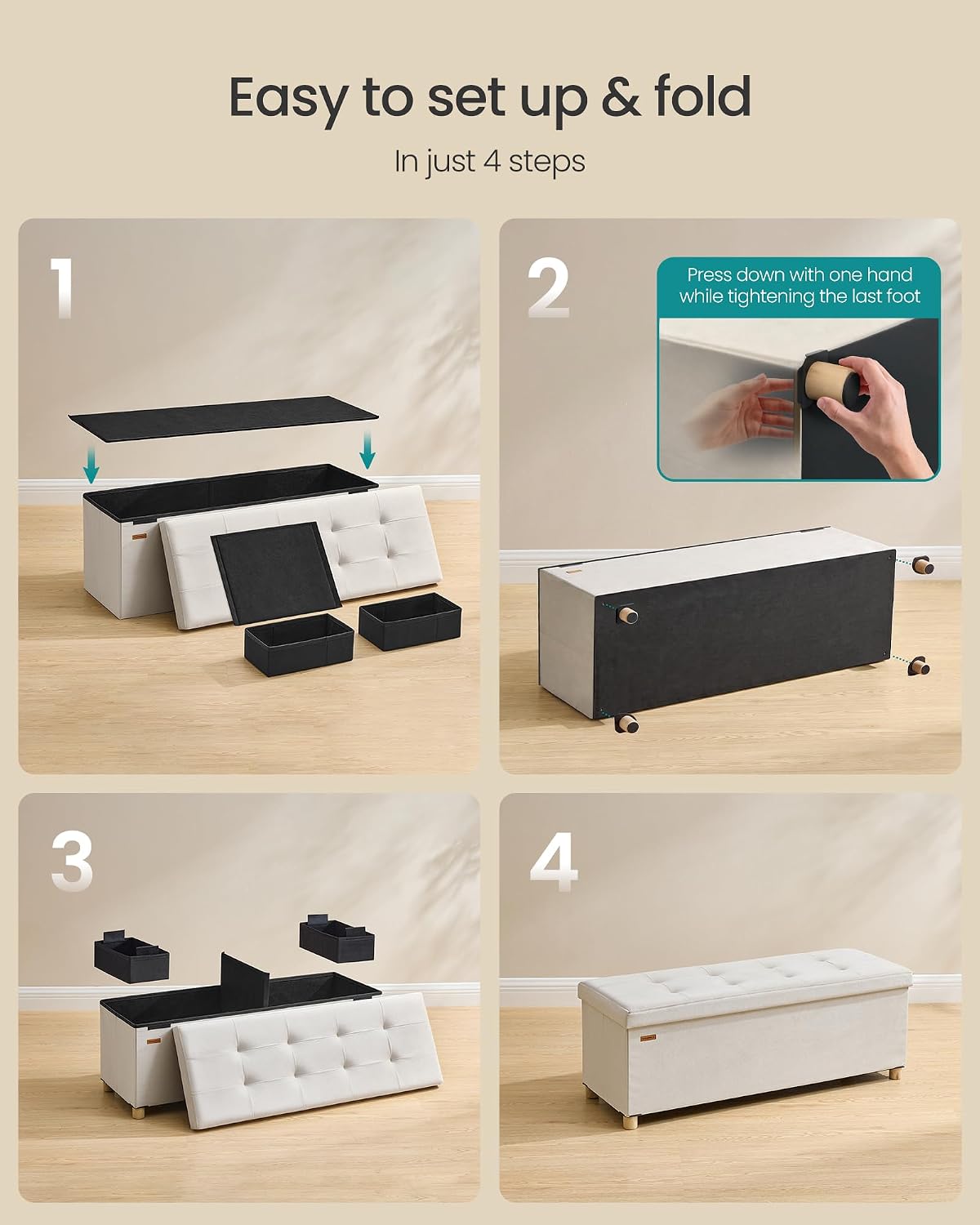 SONGMICS Storage Ottoman Bench with Legs, 43.3 Inches, 30 Gal. (112 L) | Bench with Legs, Velvet, for Living Room, Entryway, Cappuccino Beige and Ink Black, MELISA Collection ULSF0518W02