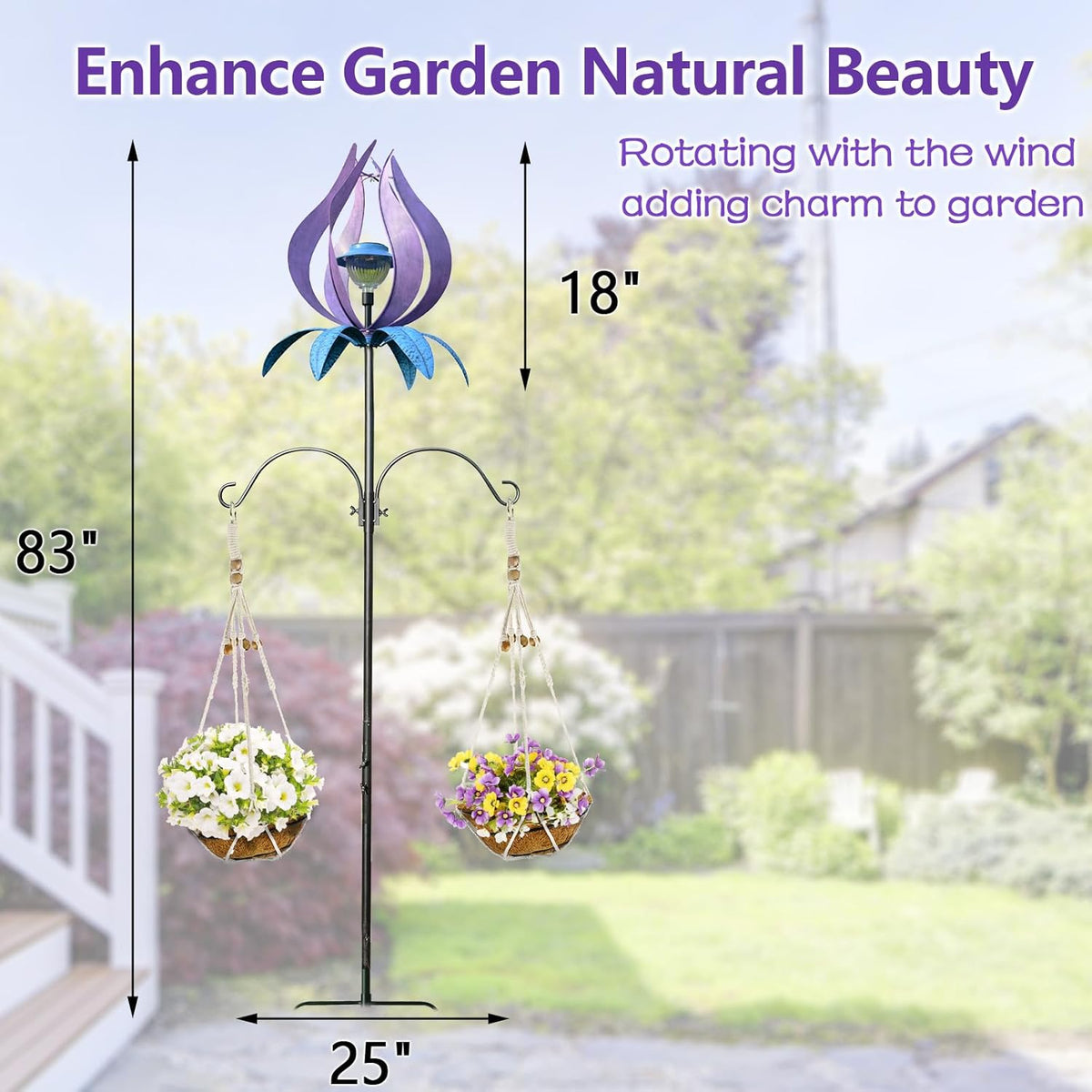 Multifunction Solar Wind Spinner Outdoor with Shepherd Hooks MANORTANG 83 Inch Metal Large Landscape Light Double Coconut Basket LED Windmill Outdoor Decoration for Yard Garden Lawn Patios (Purple)