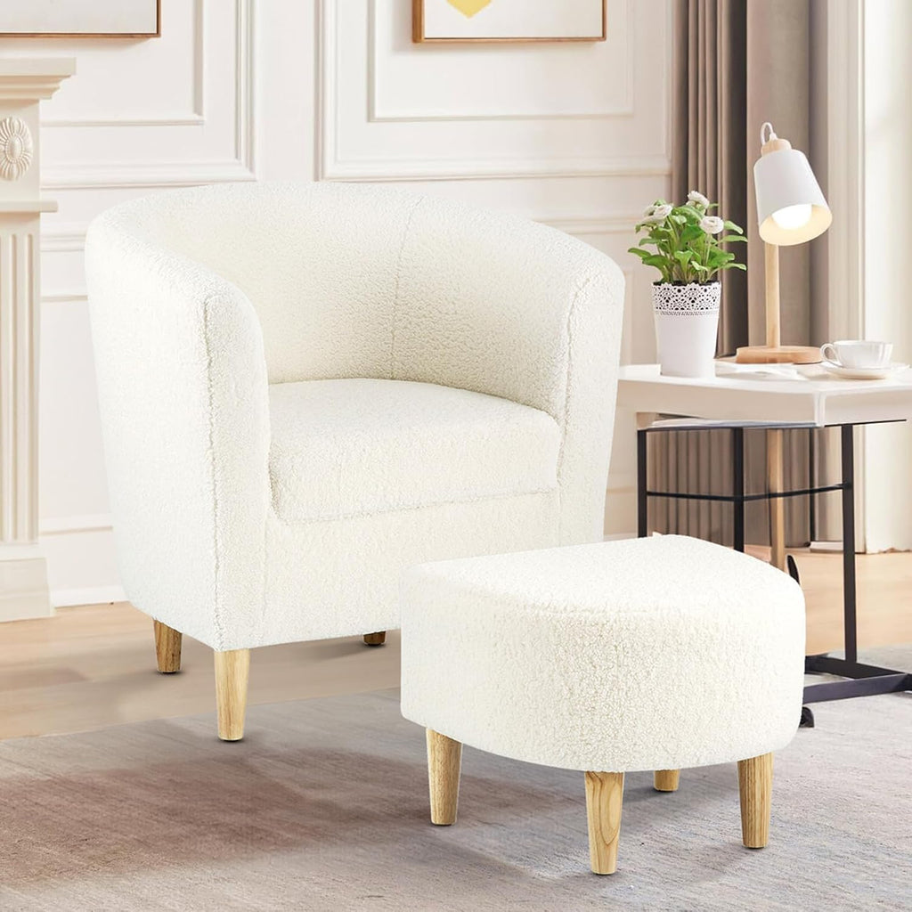 DAZONE Sherpa Accent Chair with Ottoman White Fluffy Teddy Barrel Armchair | Small Side Chair for Living Room, Bedroom, Reading Corner, Footrest, Boucle Corner Armchair, Solid Wood Legs, Soft Cushion