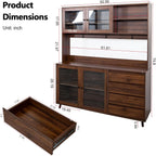 63” Kitchen Pantry Cabinet with Microwave Shelf & Countertop, Freestanding Storage Kitchen Hutch with Drawers & Glass Doors for Dining Room, Wooden Structure, Modern (Walnut)