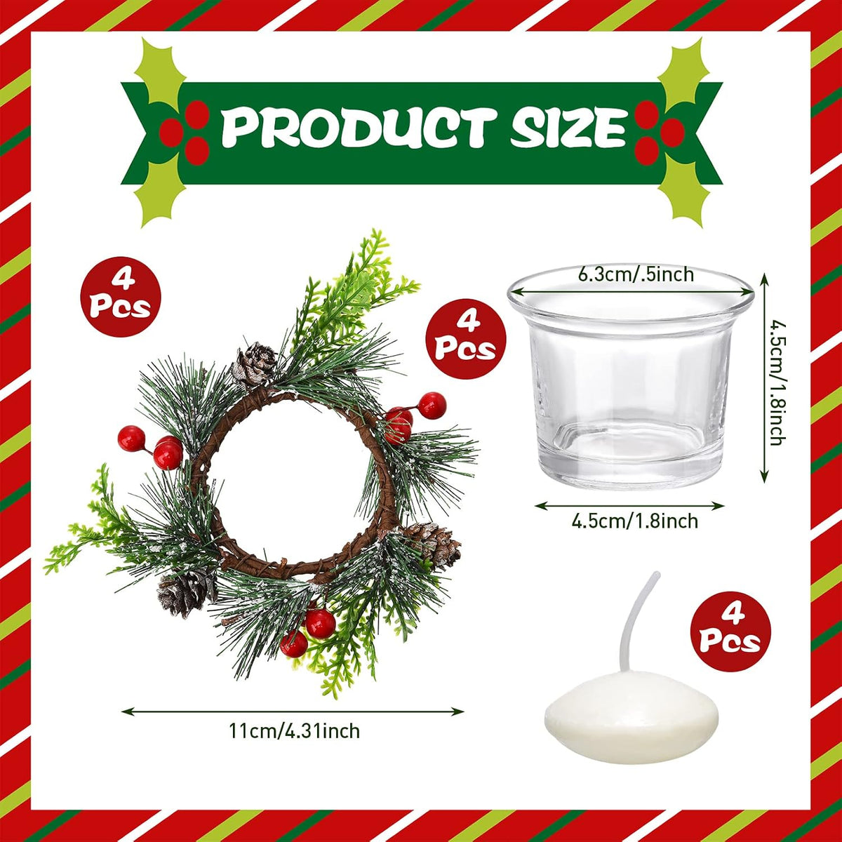 Dingion 12 Pcs Christmas Votive Candle Holder Set Xmas Table Centerpiece with Christmas Berry Candle Ring Decorative Glass Tealight Holder for Wedding Christian Church Xmas Holiday Table Decoration