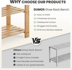 DUMOS Shoe Rack Bench with Storage, 3-Tier Bamboo Entryway Benches, Wooden Shoe Rack Holds Up to 286 lb Storage Organizer, Suitable for Bedroom Living Room Balcony, Classical Wood