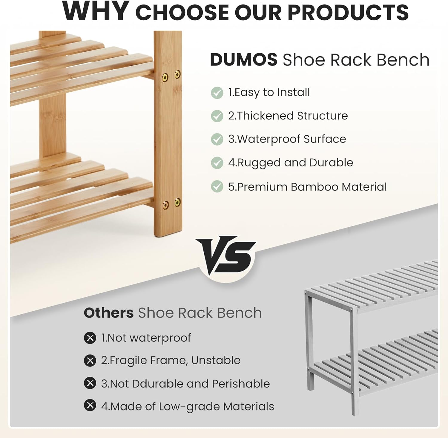 DUMOS Shoe Rack Bench with Storage, 3-Tier Bamboo Entryway Benches, Wooden Shoe Rack Holds Up to 286 lb Storage Organizer, Suitable for Bedroom Living Room Balcony, Classical Wood