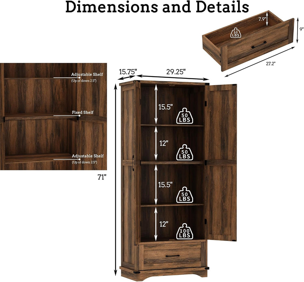 71" Farmhouse Kitchen Pantry Storage Cabinet with Drawer & 2 Barn Doors, Freestanding Cupboard with Adjustable Shelves, Modern Floor Cabinet for Kitchen, Dining Room, Living Room, Bathroom, Brown