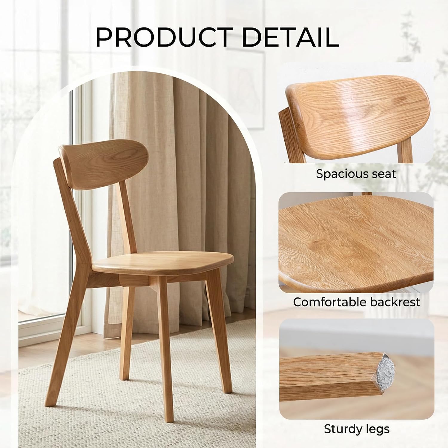 Solid Wood Dining Chairs Mid Century Modern Kitchen Chairs Set of 6 | Rounded Curved Backrest, Wide Comfortable Seat, Ergonomic Support, Easy Clean Wood Finish, Multiple Set Options,Natural Color