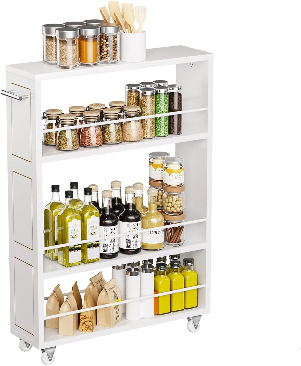 KLM 4 Tier White Slim Storage Cart with Handle, Slide Out Storage Rolling Utility Cart for Kitchen, Laundry, Narrow Places-6.7" W