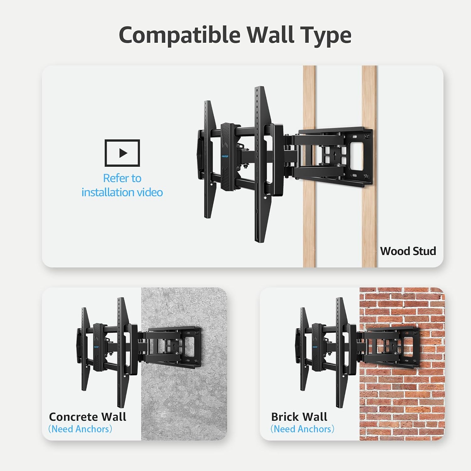 MOUNTUP Full Motion TV Wall Mount for 42-82'' TV, Holds 100lbs Fit 16" Stud | Full-motion TV mount tilts up 5° and down 10° for anti-glare, swivels ±45°, extends 15.7" and retracts 3" for space-saving