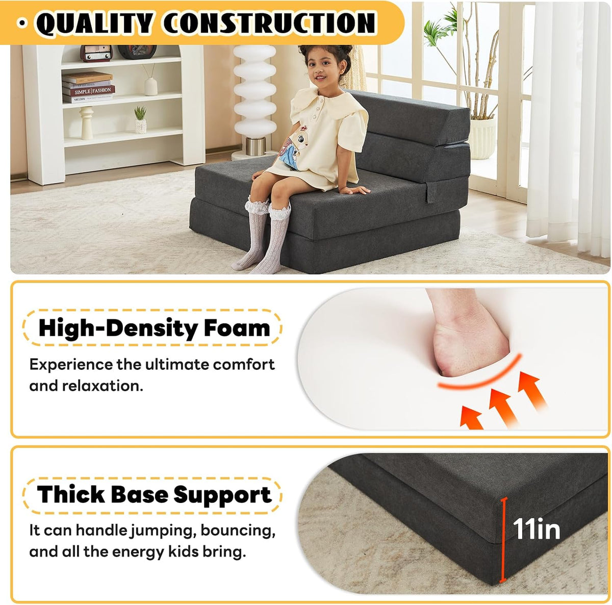 jela Foldable Sofa Bed Large Soft Foam Convertible Sleeper Chair Luxury Miss Fabric Fold Out Chair Bed Floor Couch with Back Support Floor Sofa for Living Room Bedroom (83"x33",Dark Gray)