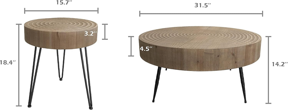 2-Piece Boho Farmhouse Nesting Table with Handcrafted Wood Ring Motif, Round Natural Finish Coffee Table Set for Living Room, French Country Decor, Round