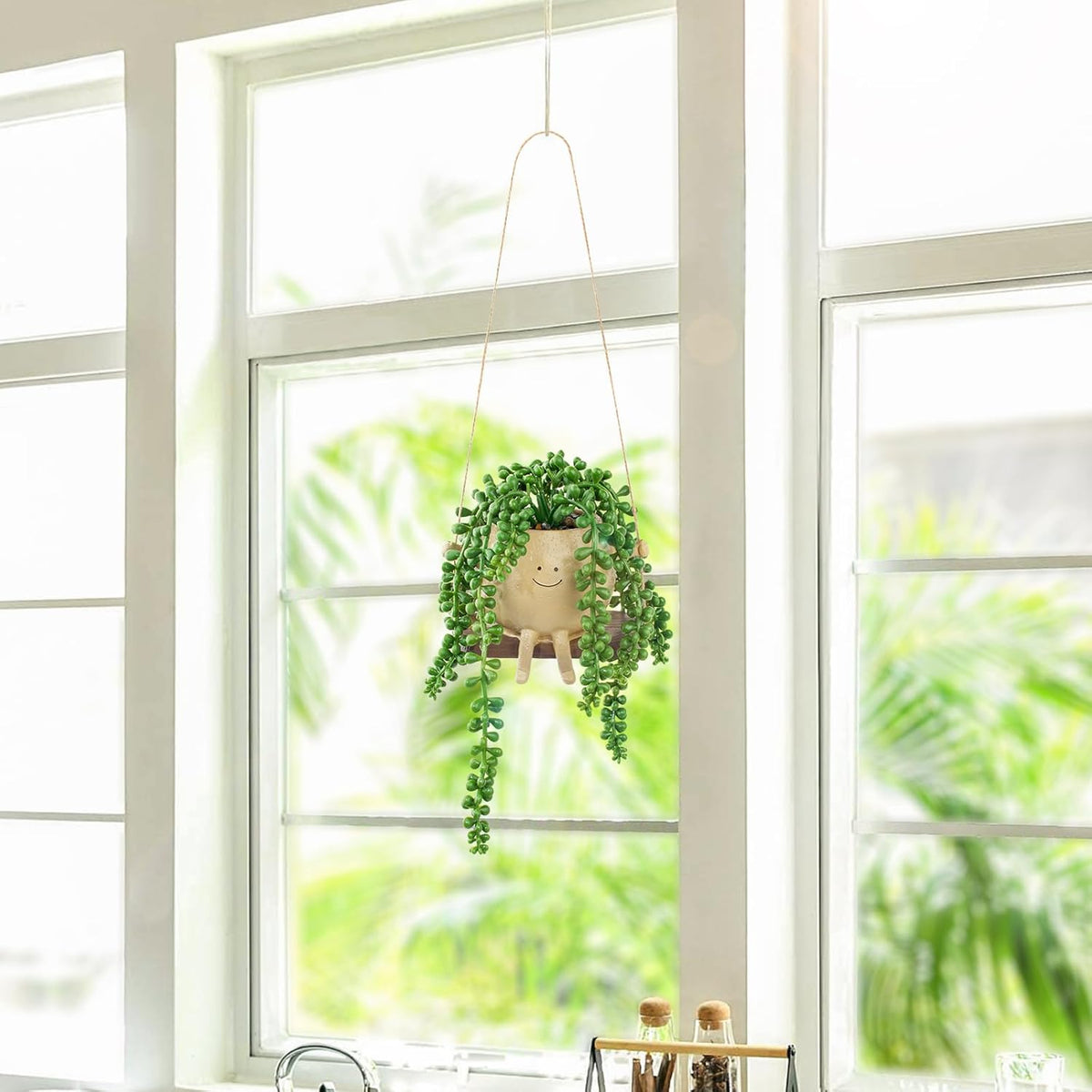 Artificial Succulents Hanging Plants Fake String of Pearls Trailing Plant in Cute Smiley Face Pot for Home Decor, Indoor Outdoor Wall Window Hanging Decorations (Includes Hanging Hook)