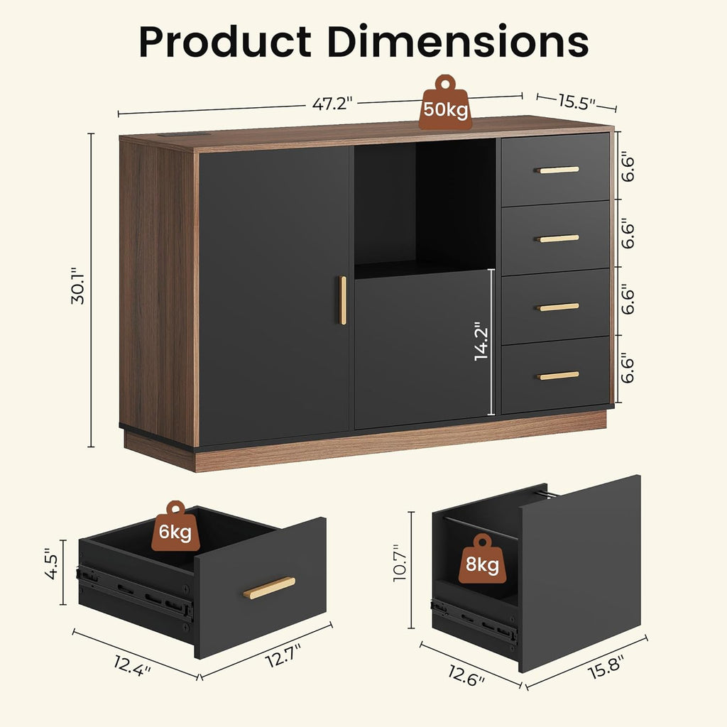 ModernMate 5 Drawer File Cabinet with Charging Station, Storage Cabinet with Door & Adjustable Shelves, Printer Stand with Open Shelf for Home Office, Fits A4/Letter Size, Black Walnut