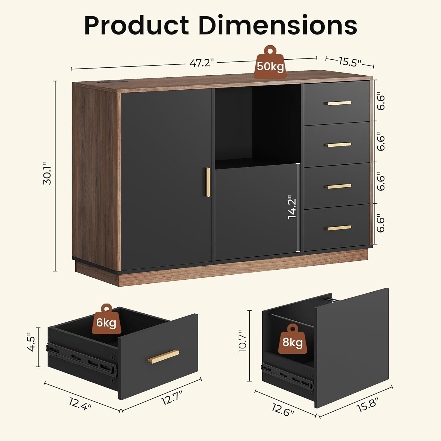 ModernMate 5 Drawer File Cabinet with Charging Station, Storage Cabinet with Door & Adjustable Shelves, Printer Stand with Open Shelf for Home Office, Fits A4/Letter Size, Black Walnut