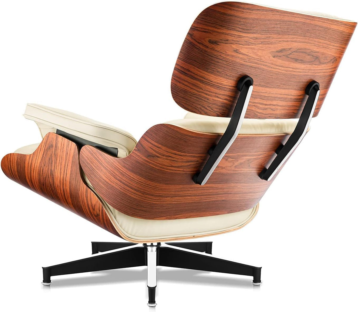 Top Cream White Grain Leather, Mid Century Chaise Lounge Chair and Ottoman, Modern Chair Classic Design, Palisander Wood, Heavy Duty Base Support for Living Room Office