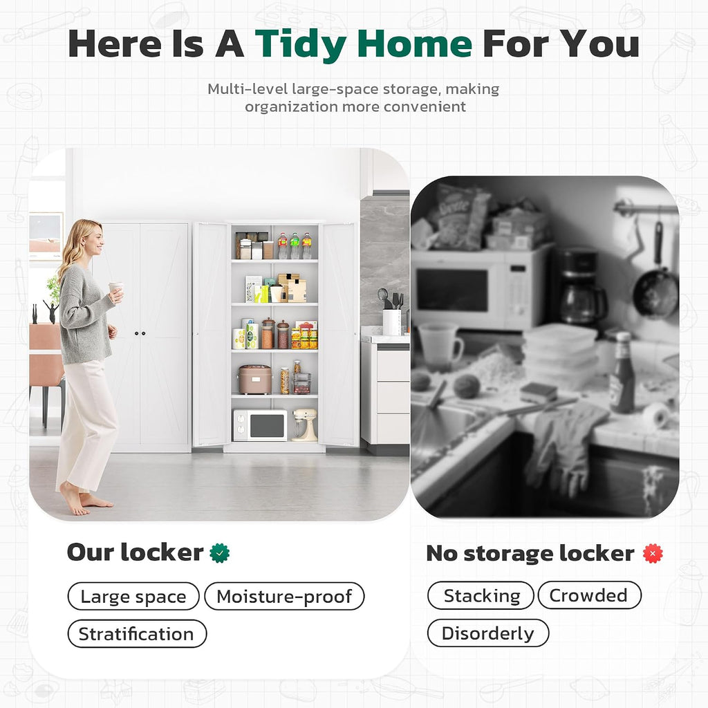 Greenvelly Metal Pantry Cabinet, 63” White Kitchen Pantry Cabinet with Doors and 4 Shelves, Tall Kitchen Cupboard for Laundry Room,Living Room,Dinning Room (Farmhouse)