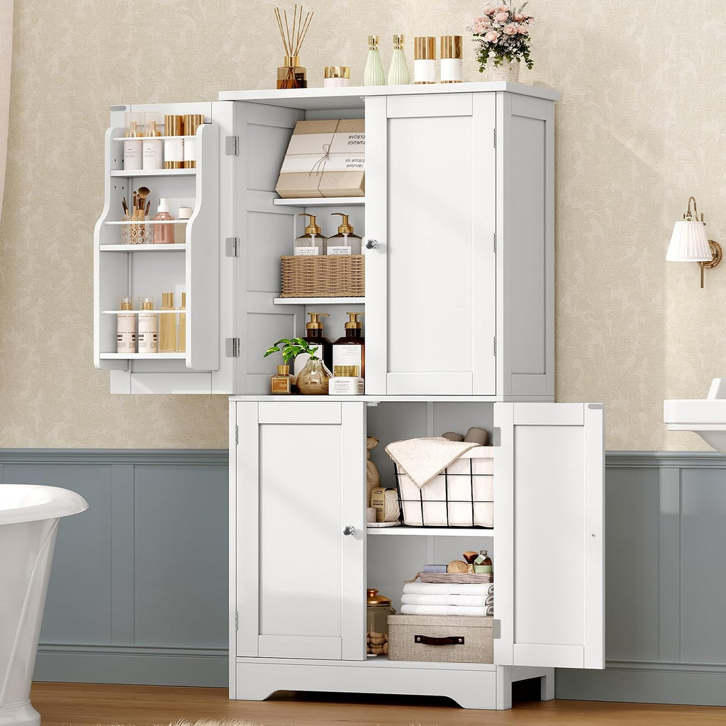 TEENFON 51" H Pantry Cabinet with 4 Doors, Kitchen Cabinet with 6 Door Shelves, Storage Cabinet for Living Room, Dining Room, Bathroom, White