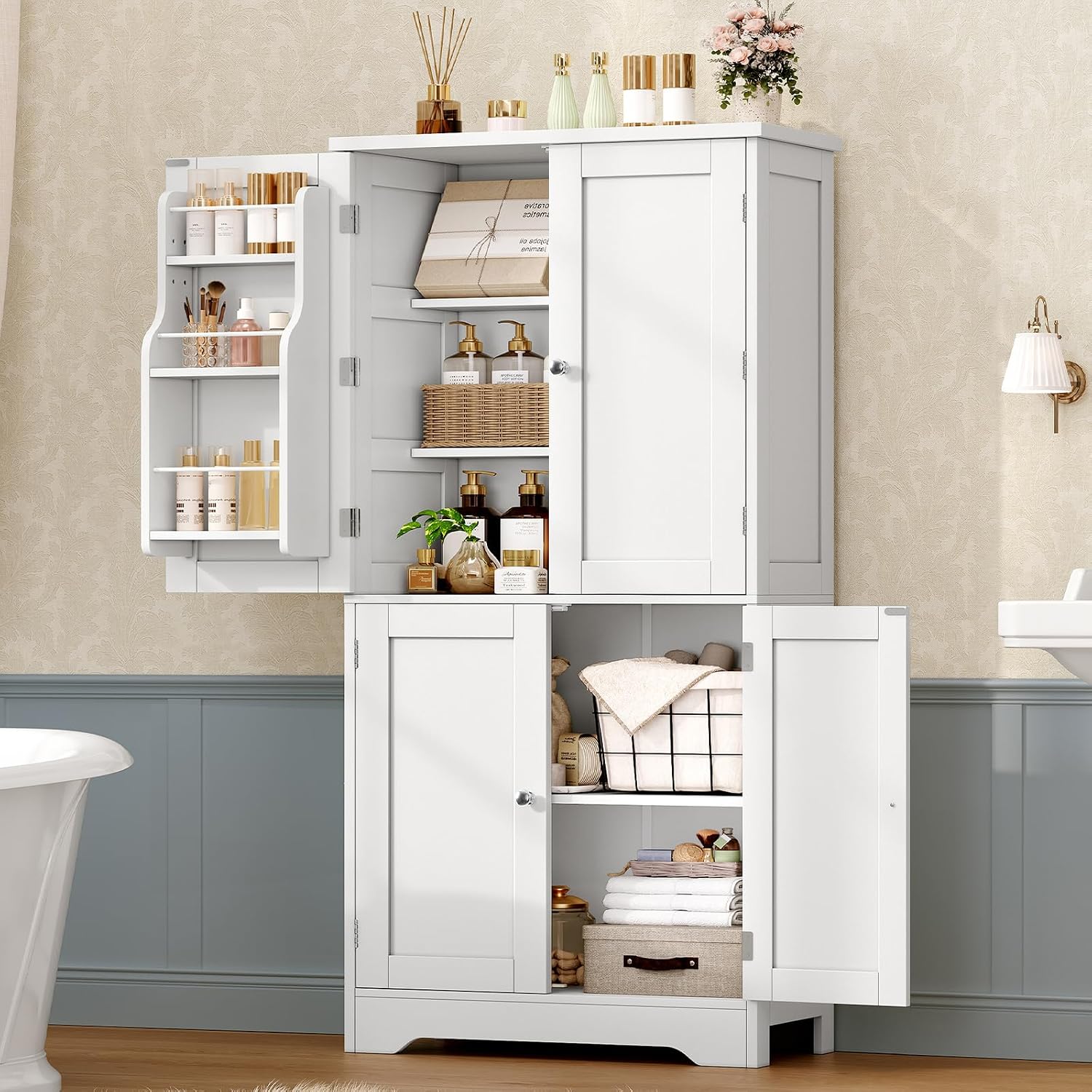 TEENFON 51" H Pantry Cabinet with 4 Doors, Kitchen Cabinet with 6 Door Shelves, Storage Cabinet for Living Room, Dining Room, Bathroom, White