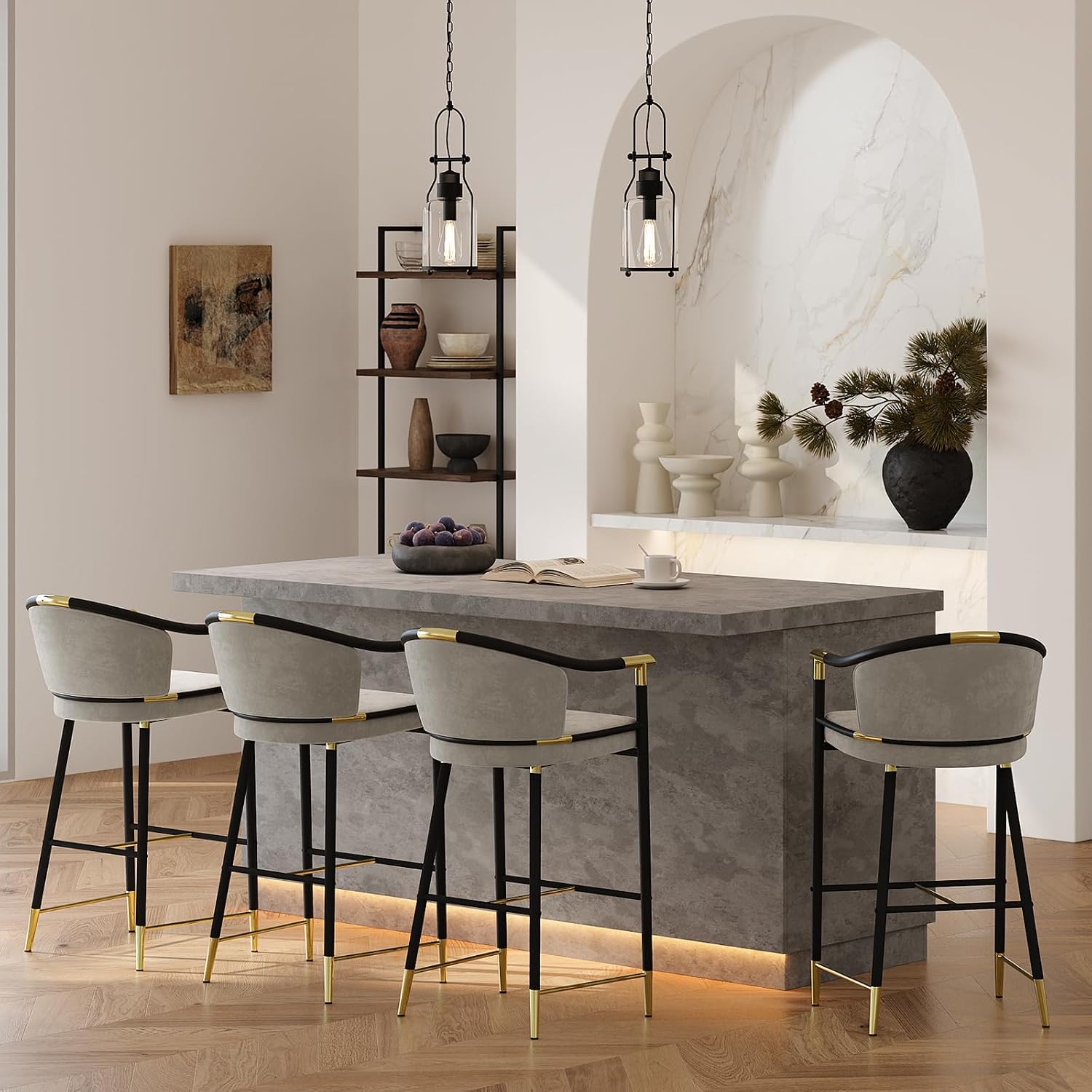 homary 72" Large Gray Kitchen Island with Storage & LED Lights, Wood Freestanding Island with Wine Rack, Drawers, Cabinet & Shelves, Modern for Kitchen & Dining Room
