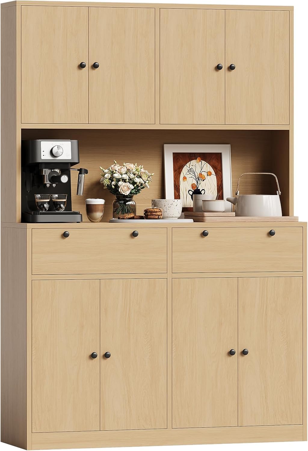 Jojoka Modern Tall Kitchen Pantry Cabinet with Charging Station – 71" Height, 47" Wide Storage Hutch, Countertop, 2 Drawers, Shelves, Power Outlet – Versatile Food Pantry Furniture for Dining or
