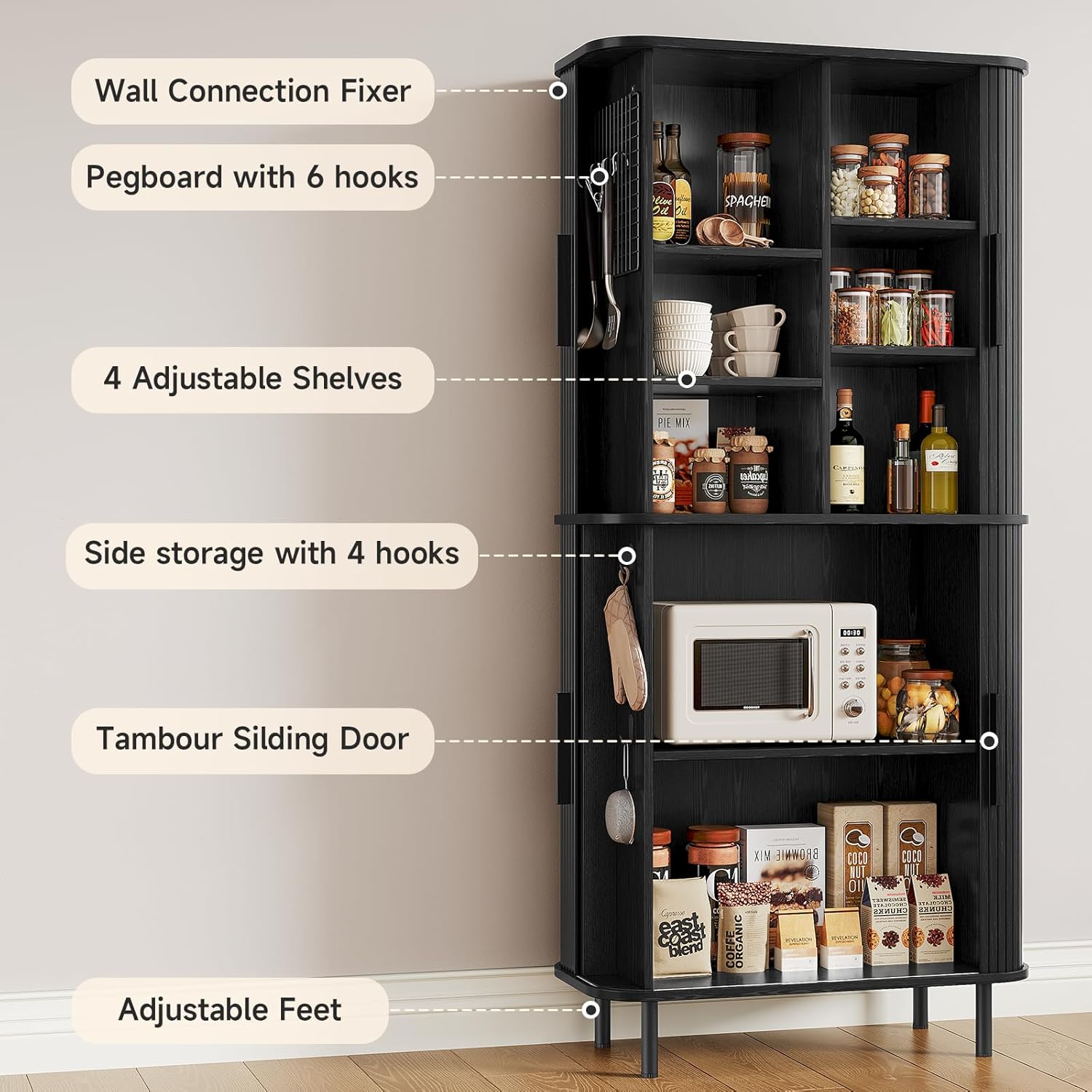 71" Tall Fluted Pantry Cabinet, Mid-Century Modern Kitchen Pantry Storage Cabinet with 2 Pegboards, 10 Hooks, Freestanding Cupboard with 4 Adjustable Shelves, Sliding Doors (Black)