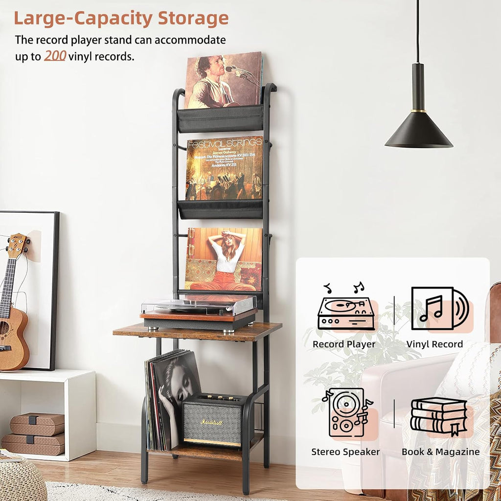 Tewinko Record Player Stand with Vinyl Storage, Record Player Table with Vinyl Record Storage up to 200 Albums, Turntable Stand with Record Holder Display Shelf, Record Player Cabinet Organizer Rack