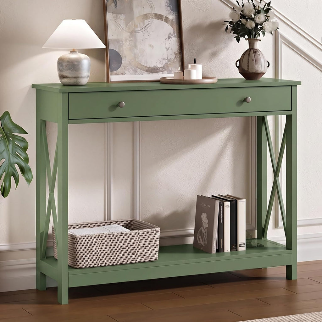 Treocho 40" Farmhouse Console Table with Drawer and Storage Shelves | Entryway, Living Room, Hallway, Antique, Green