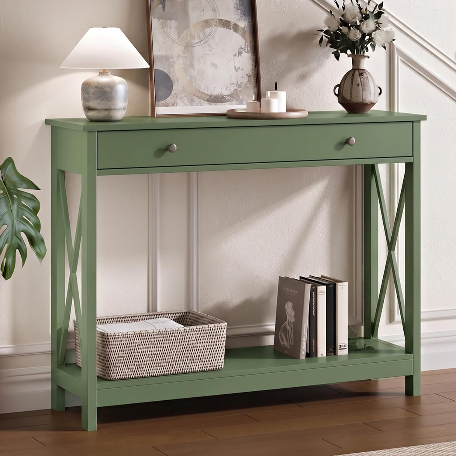 Treocho 40" Farmhouse Console Table with Drawer and Storage Shelves | Entryway, Living Room, Hallway, Antique, Green