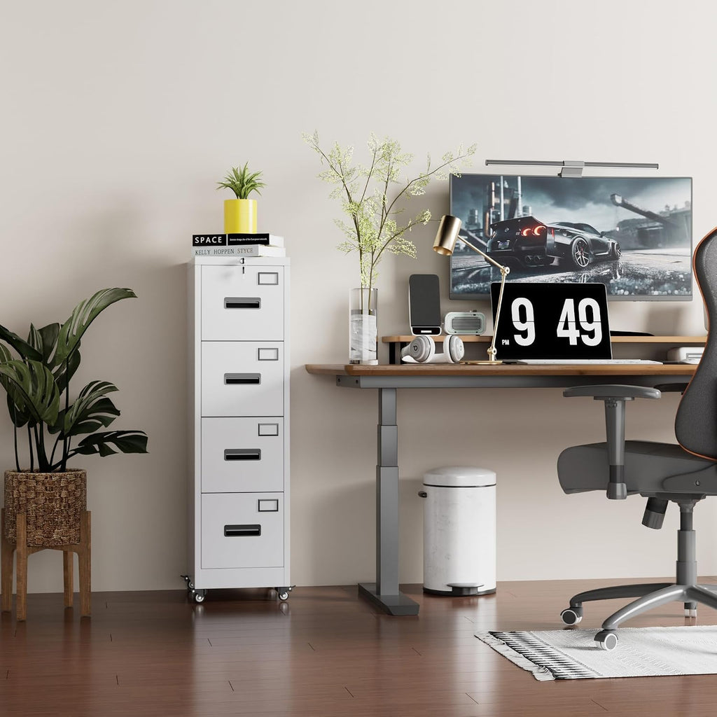 Garvee 4-Drawer White Metal File Cabinet with Individual Locks, Heavy-Duty Steel Vertical Filing Cabinet for A4, Letter & Legal Size Documents, Locking Storage Cabinet for Home Office & School