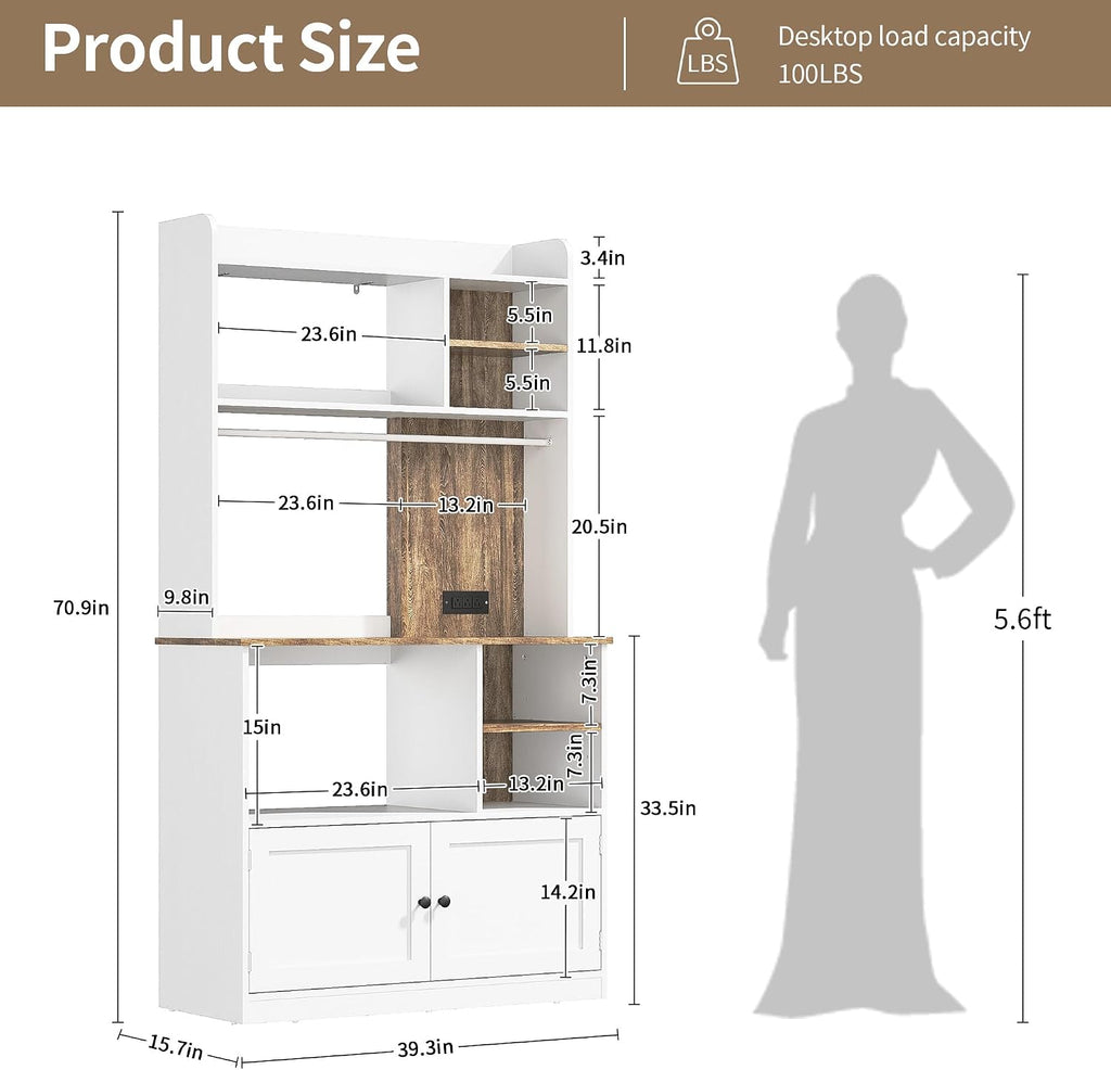 71" Kitchen Pantry Storage Cabinet, Microwave Stand with Storage & Bakers Rack with Power Outlet and Countertop for Living Room, Dining Room, White
