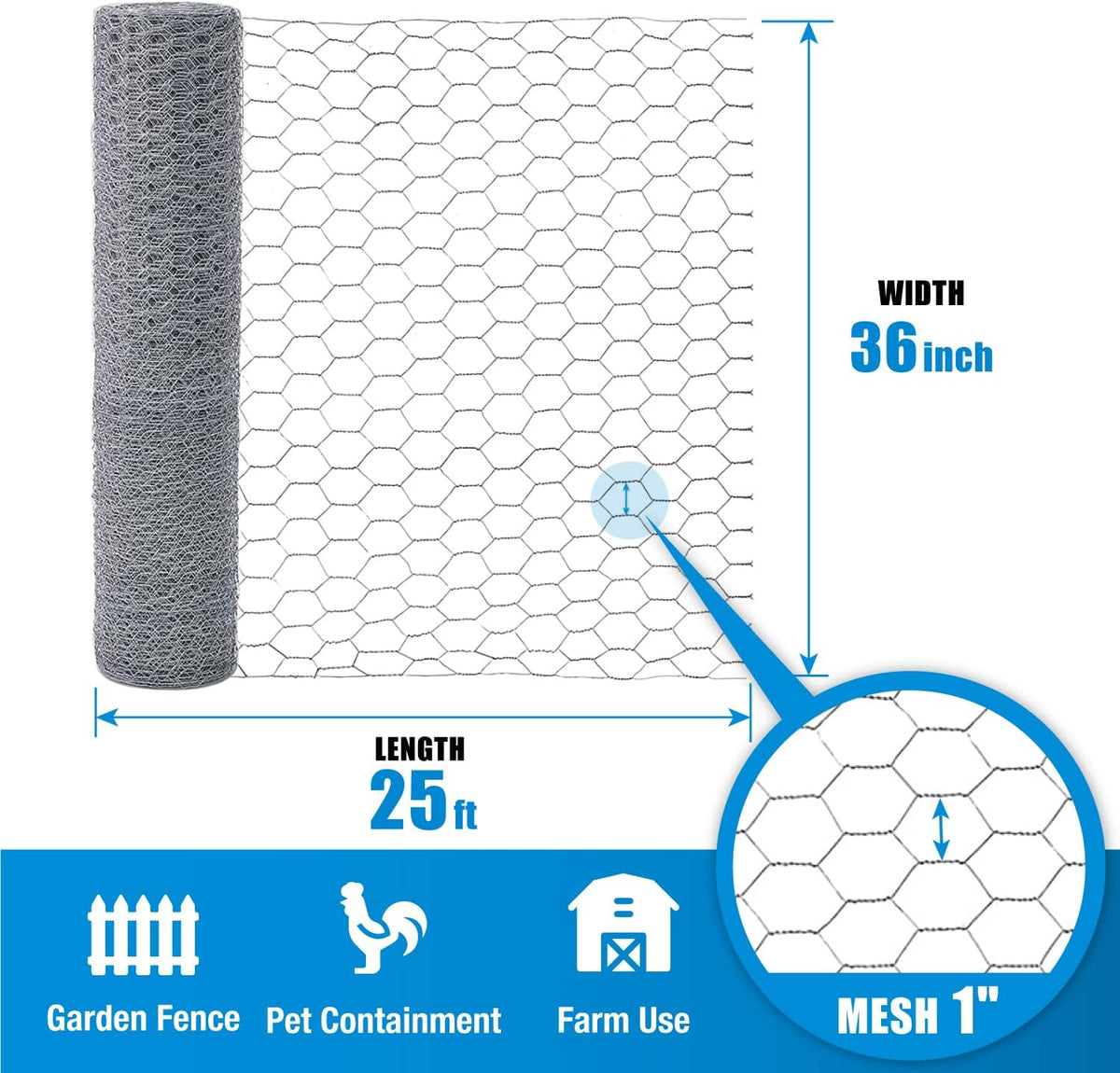 Fencer Wire 20 Gauge Chicken Wire Fence, Galvanized Poultry Hexagonal Netting Crafting, Chicken Coops & Rabbit Rodent Cage, 1-Inch Hex Grid (3 ft. x 25 ft.)