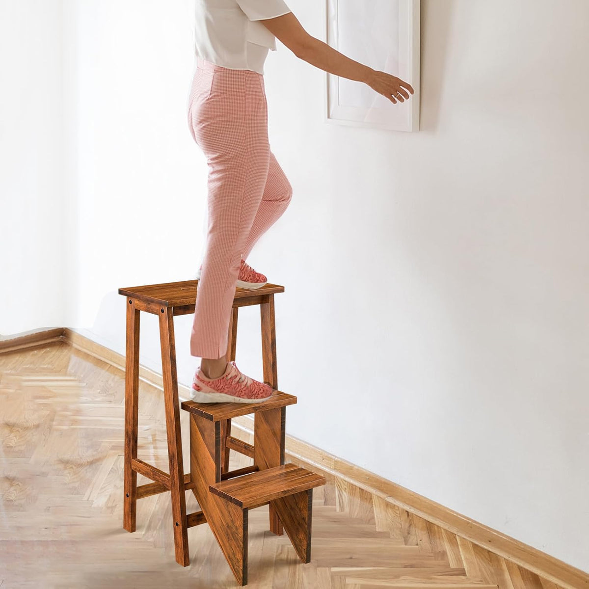 Giantex 3 Tier Folding Step Ladder, Multifunction 3-in-1 Wood Step Stool, Display Ladder and Storage Shelf for Library, Home Kitchen, Household Work, Coffee