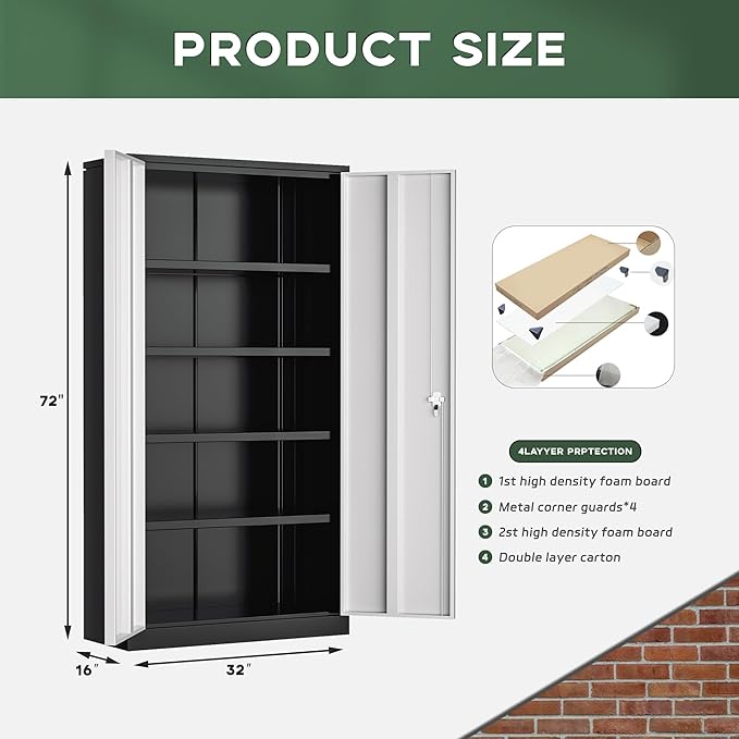 Greenvelly Metal Garage Storage Cabinet with Doors and Adjustable Shelves,72" Steel Lockable File Cabinet for Home Office,Garage,School(Black Grey,32" W x 16" D)