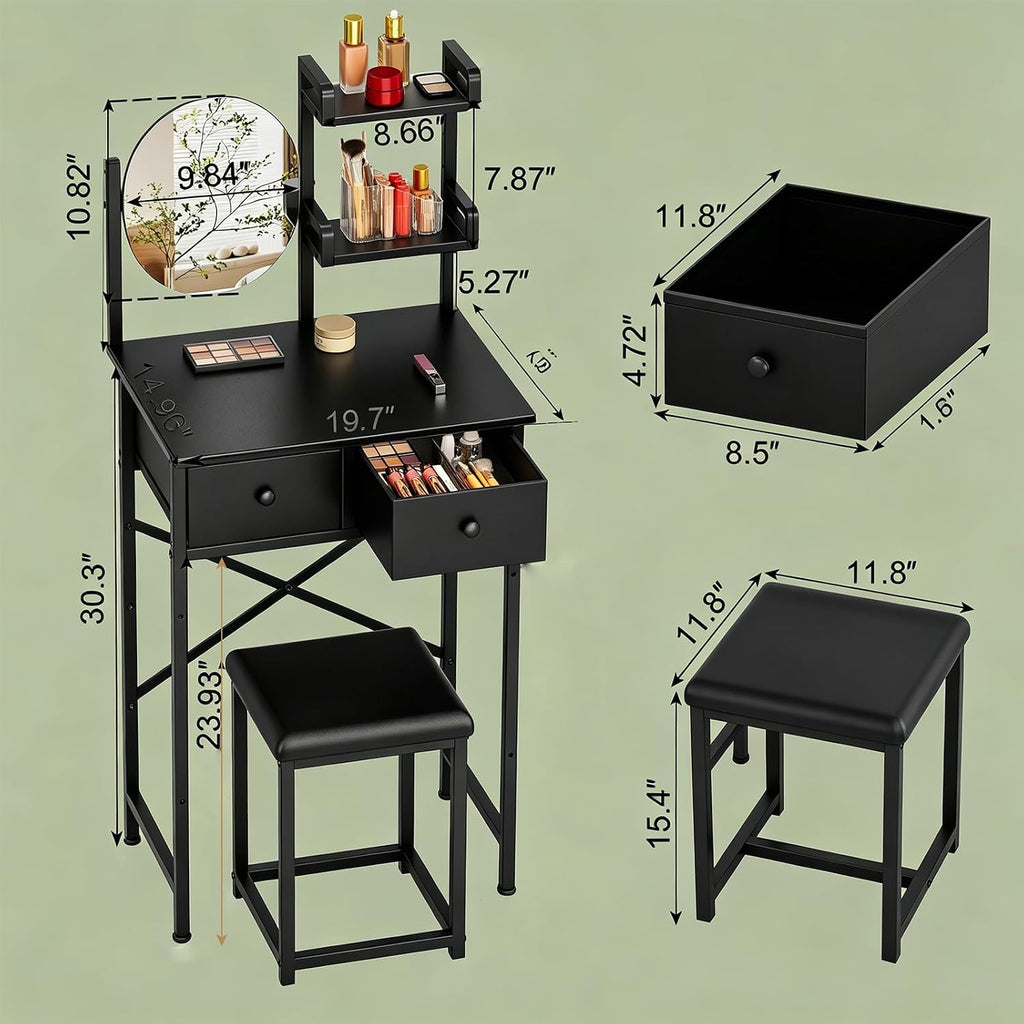 X-cosrack Small Black Makeup Vanity Desk 19.7''W with Adjustable Mirror and Chair, Space-Saving Vanity Table with 2 Fabric Drawers 2 Opening Shelves for Girls Gifts, Bedroom, Small Spaces, Black
