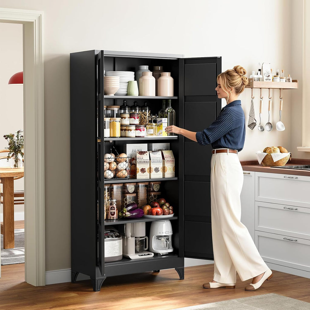 Yizosh Metal Pantry Cabinet,- 72" Black Kitchen Pantry Storage Cabinet with Doos and Adjustable Shelves for Kitchen, Living Room,Dining Room,Home