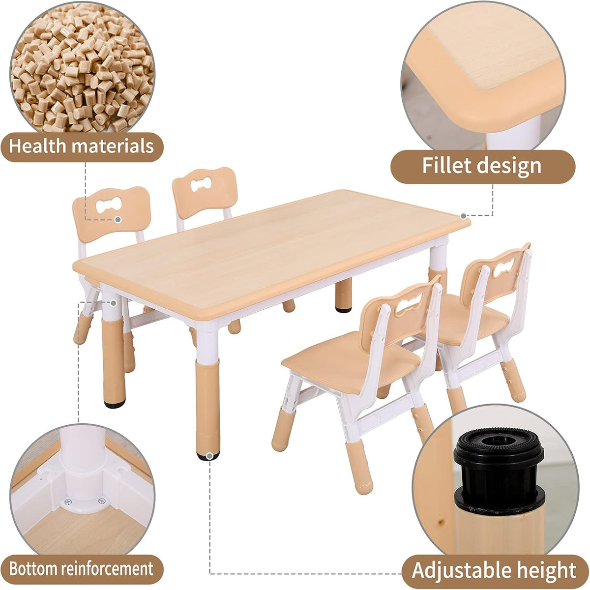 UNICOO Kids Table and Chairs, Height Adjustable Toddler Table and Chair Set with 4 Chairs, Graffiti Desktop, Classroom/Daycare/Home, Children Multi-Activity Table for Ages 2-8