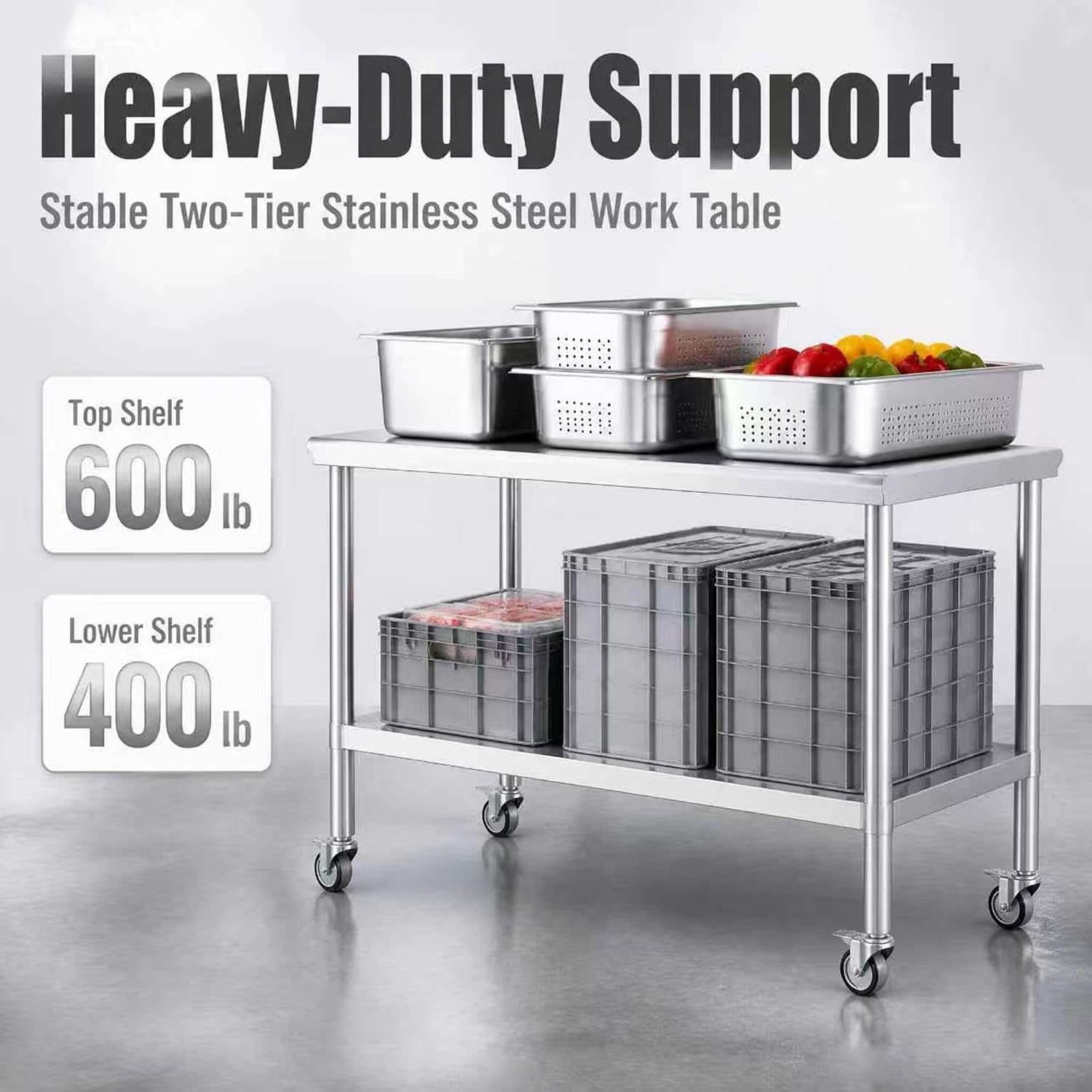 24x48 Stainless Steel Prep Table with Wheels, 1000 lbs, Kitchen, BBQ | Thickened Stainless Steel, 1000-Lb Capacity, Tool-Free Press-Fit Setup, 2-Tier Storage, 4 Locking Casters, 31.5-Inch Height
