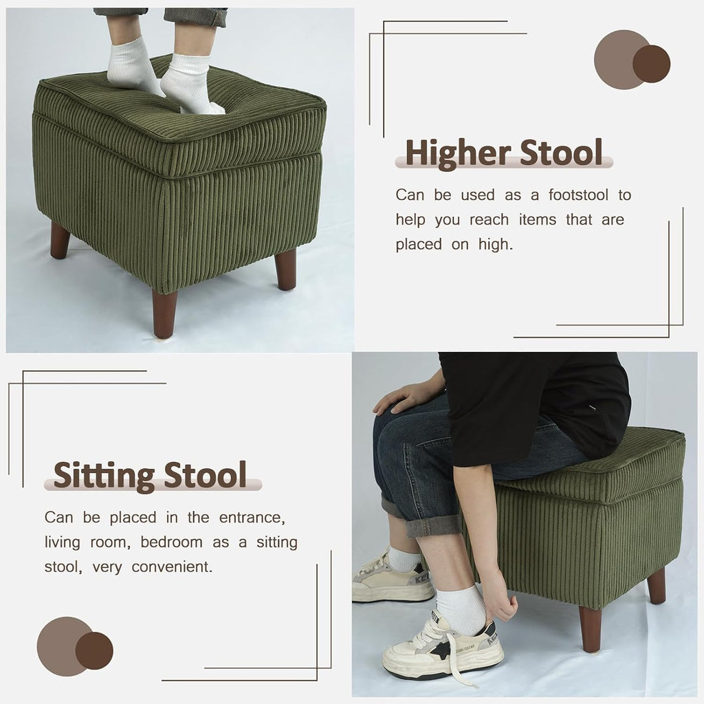 FAGAGA Storage Ottoman with Adjustable Lid, Corduroy Foot Rest | Soft Step Stool, Footrest and Seat, Big Ottoman for Living Room, Bedroom, Dorm, Green