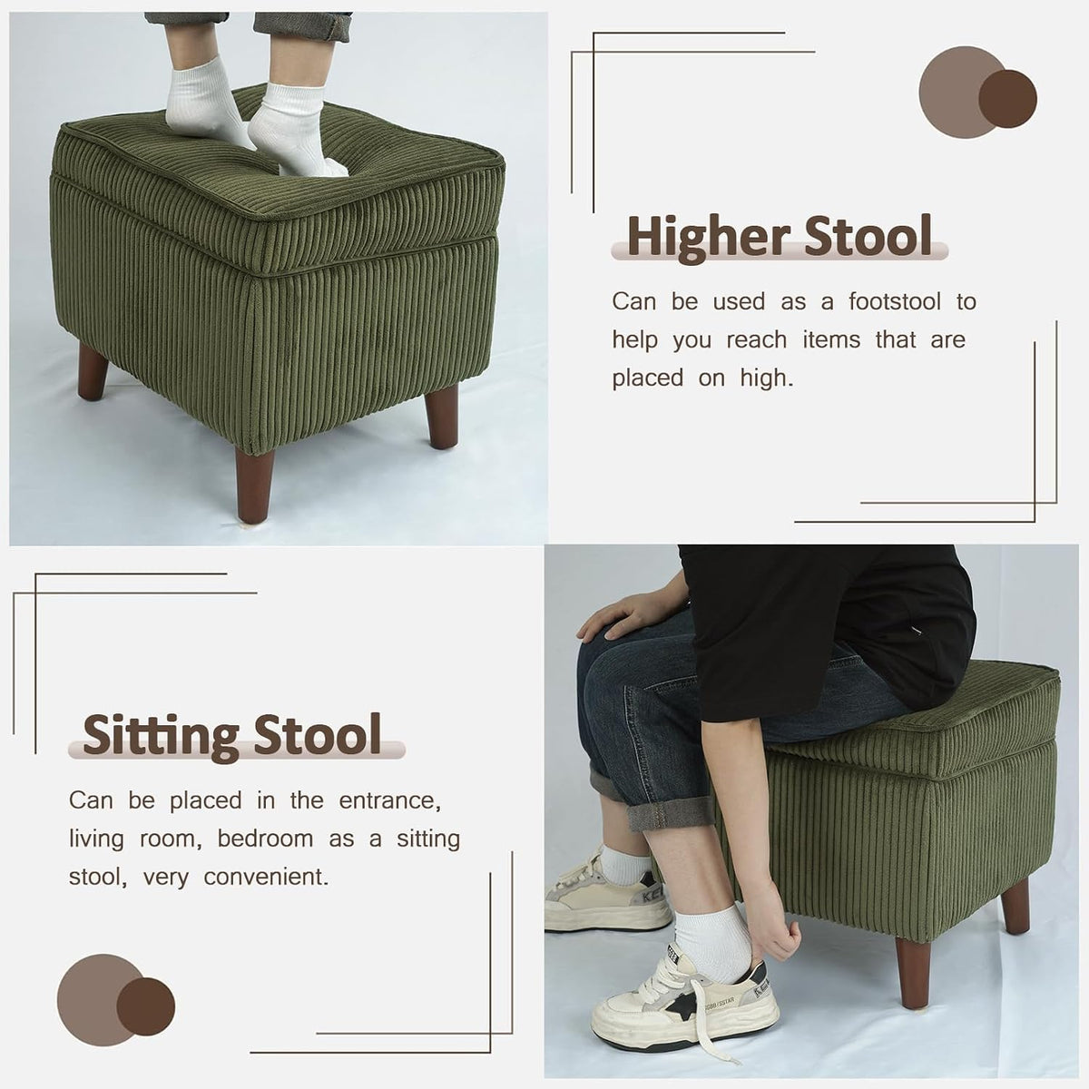 FAGAGA Storage Ottoman with Adjustable Lid, Corduroy Foot Rest | Soft Step Stool, Footrest and Seat, Big Ottoman for Living Room, Bedroom, Dorm, Green