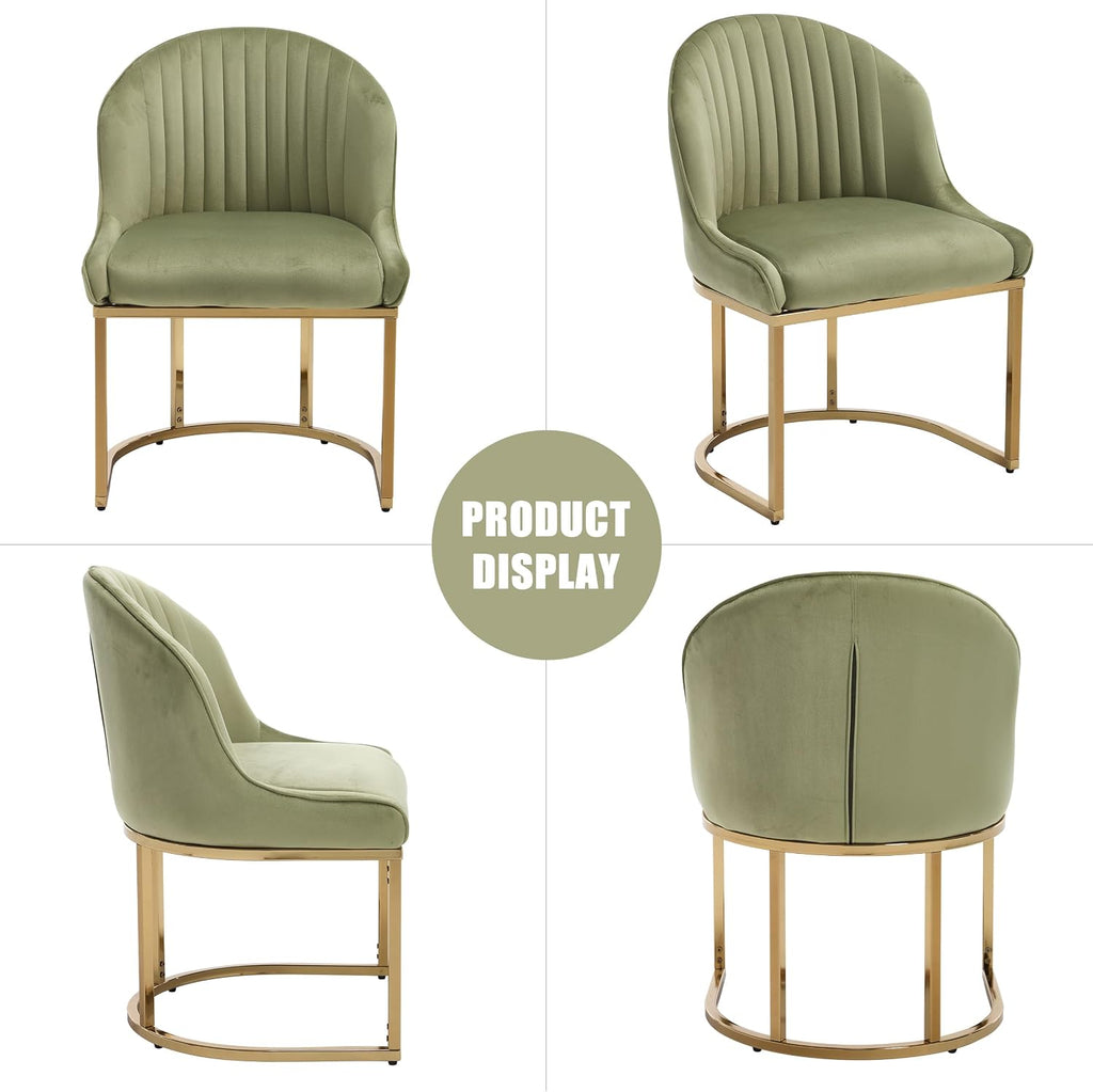 Velvet Dining Chairs Set of 2, Upholstered Dining Room Chairs with Silver Metal Legs, Modern Kitchen Side Chairs Reading Chair (Light Green+Golden, Set of 2)