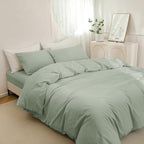 JIYUAN 100% Washed Cotton Duvet Cover Set 3 Pieces Super Queen, 1 Duvet Cover 90x98 Inches(Comforter Not Included) and 2 Pillowcases,Linen Feel Bedding Set Comfy and Breathable, Heathered Sage Green
