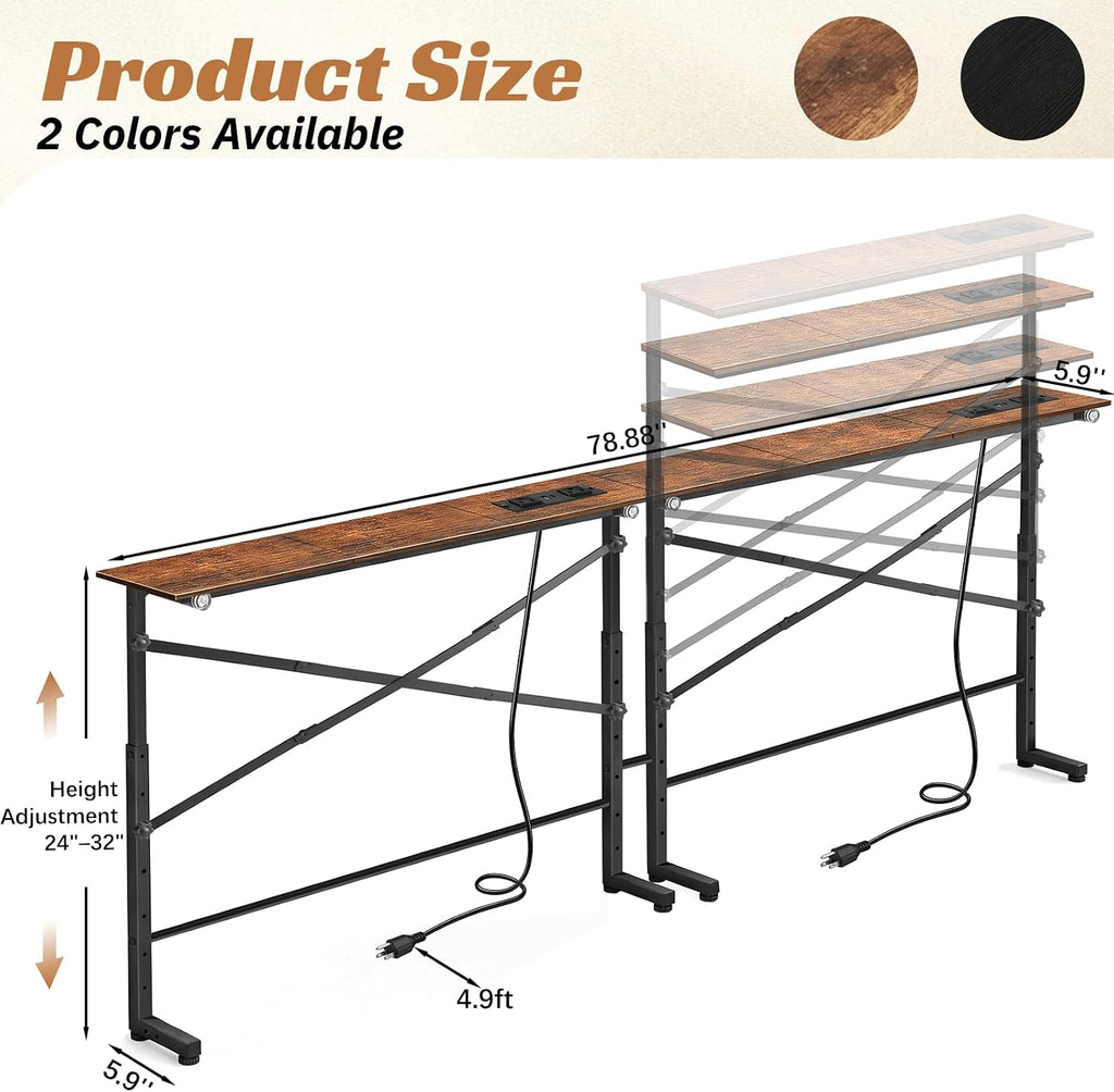 Adjustable Behind Couch Table with Outlets, Brown