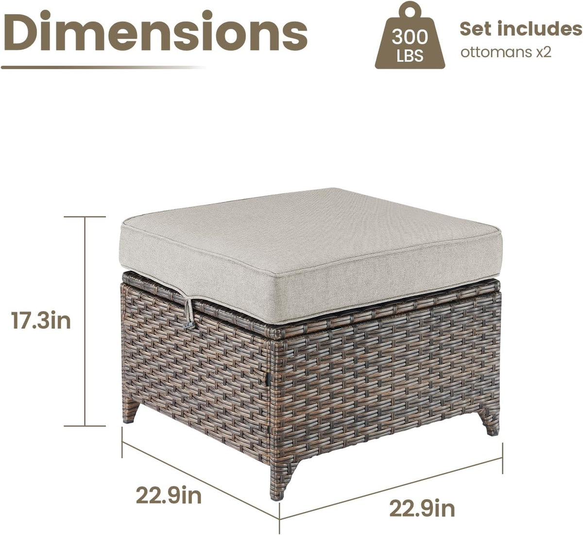 Outdoor Wicker Ottomans Rattan Footrests - Heavy Duty Outside Resin Rattan Lawn Footstools for Front Porch Balcony Backyard Yard Deck Apartment – Brown/Beige