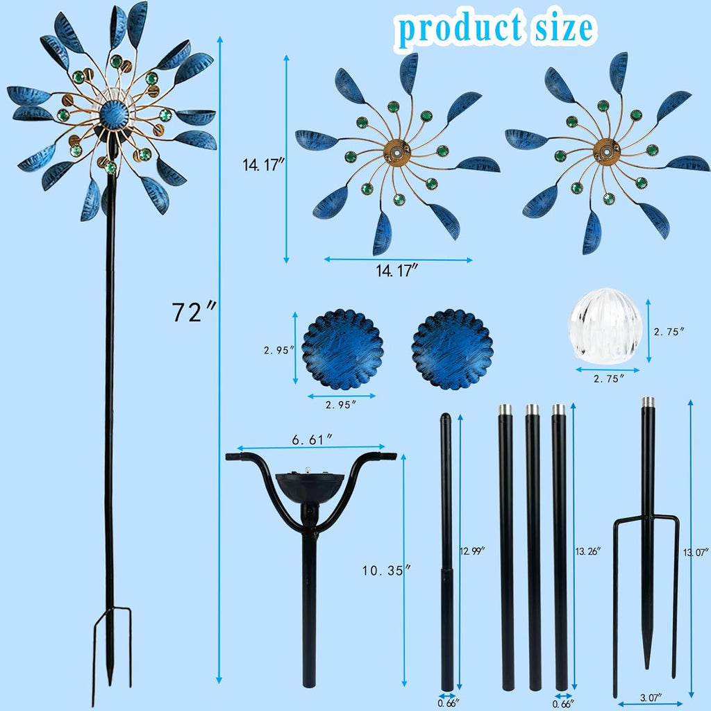 NUENUN Wind Spinner Outdoor Metal - Multi-Color Seasonal LED Lighting Solar Powered Glass Ball with Kinetic Wind Spinner Dual Direction for Patio Lawn & Garden (Blue with Light)