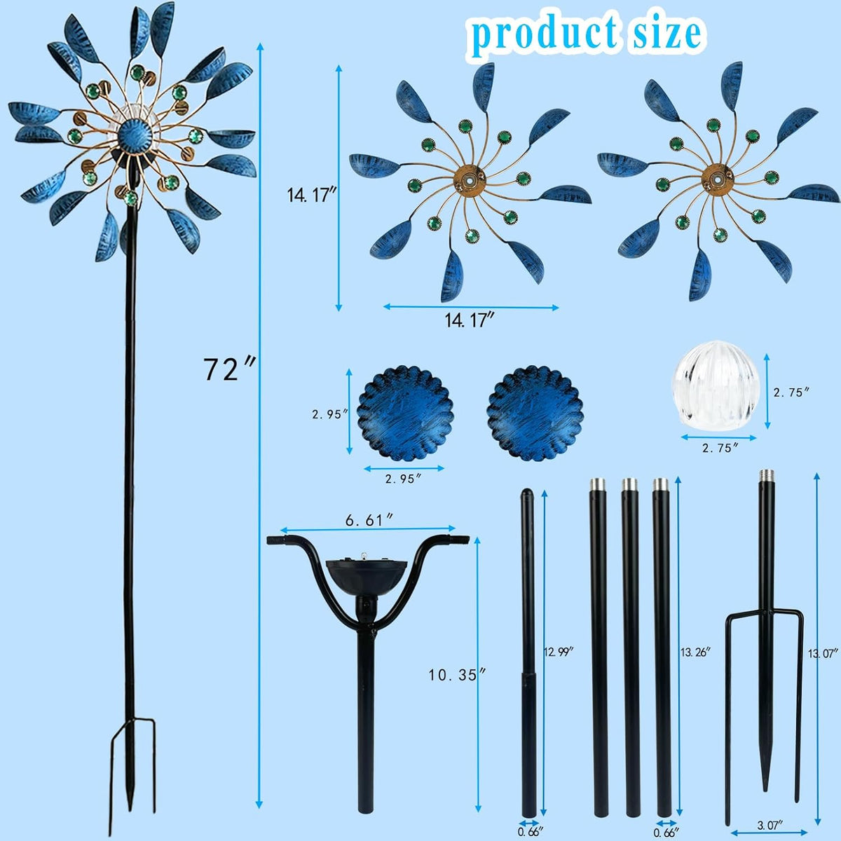 NUENUN Wind Spinner Outdoor Metal - Multi-Color Seasonal LED Lighting Solar Powered Glass Ball with Kinetic Wind Spinner Dual Direction for Patio Lawn & Garden (Blue with Light)